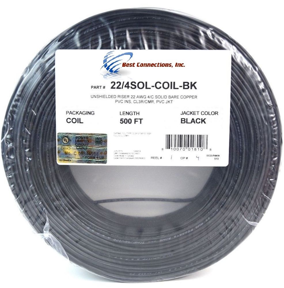 22-4SOL-COIL-BK| 4C/22 AWG SOLID COPPER PVC COIL PACK Security Alarm Cable WHITE - 500 FT (Coil Pack)