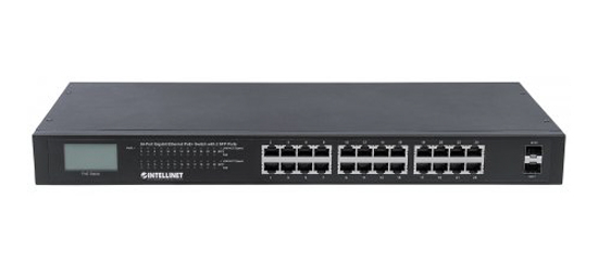 561242 | 24-Port Gigabit Ethernet PoE+ Switch with 2 SFP Ports and LCD Screen