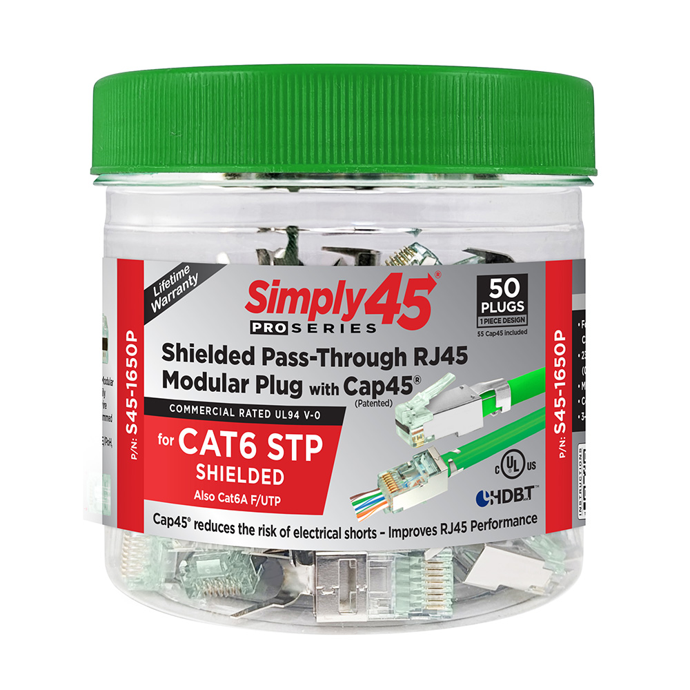 S45-1650P | ProSeries Cat6 Shielded External Ground Pass-Through RJ45 Modular Plugs with Cap45®