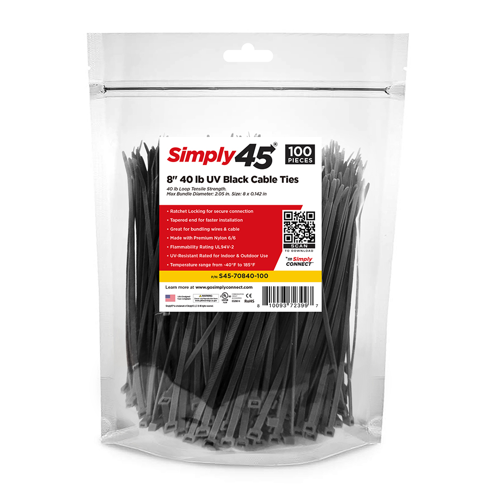 S45-70840-100 | 8″ 40lb UV Black Cable Ties – 100pc Bag