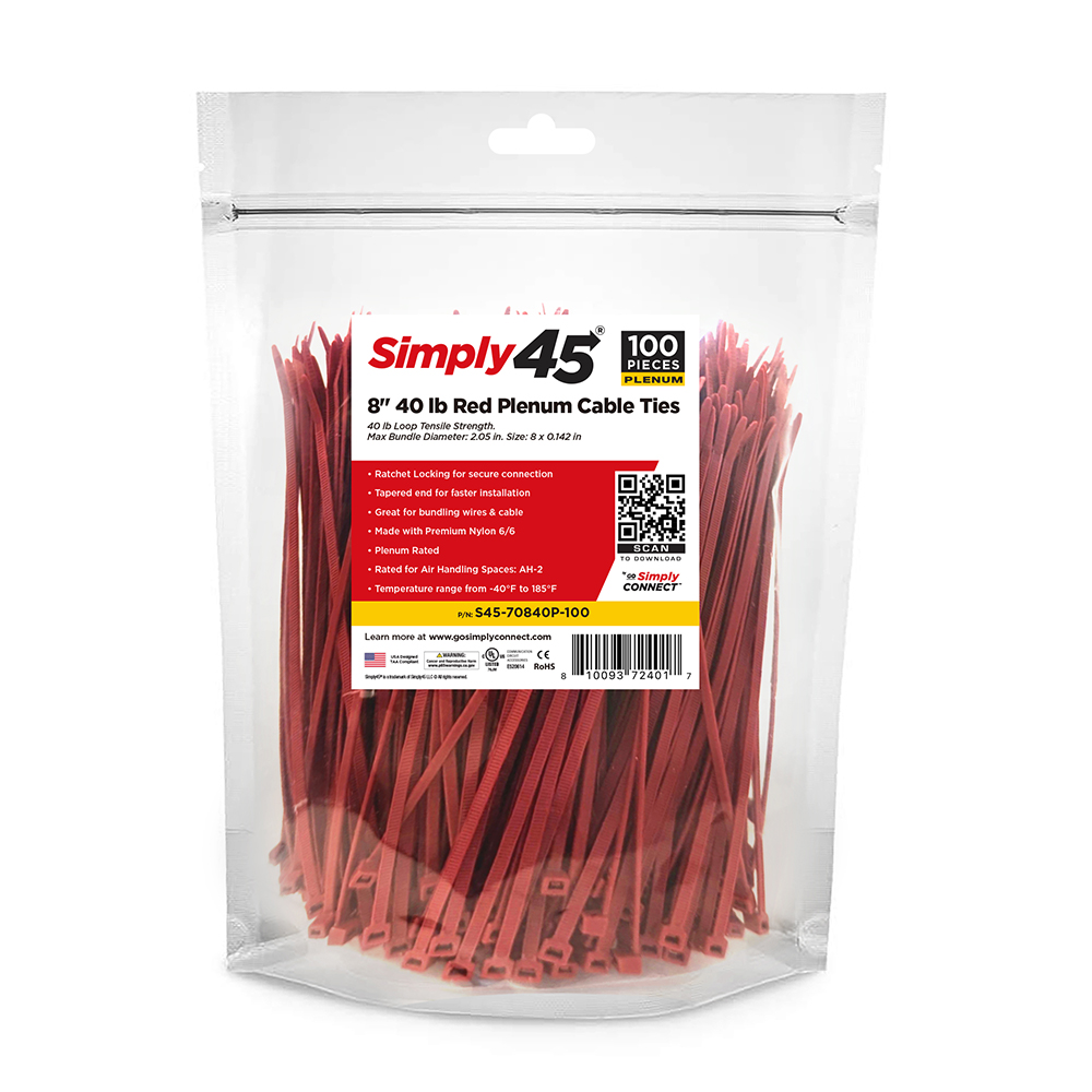 S45-70840P-100 | 8″ 40lb UV Red Plenum Cable Ties – 100pc Bag